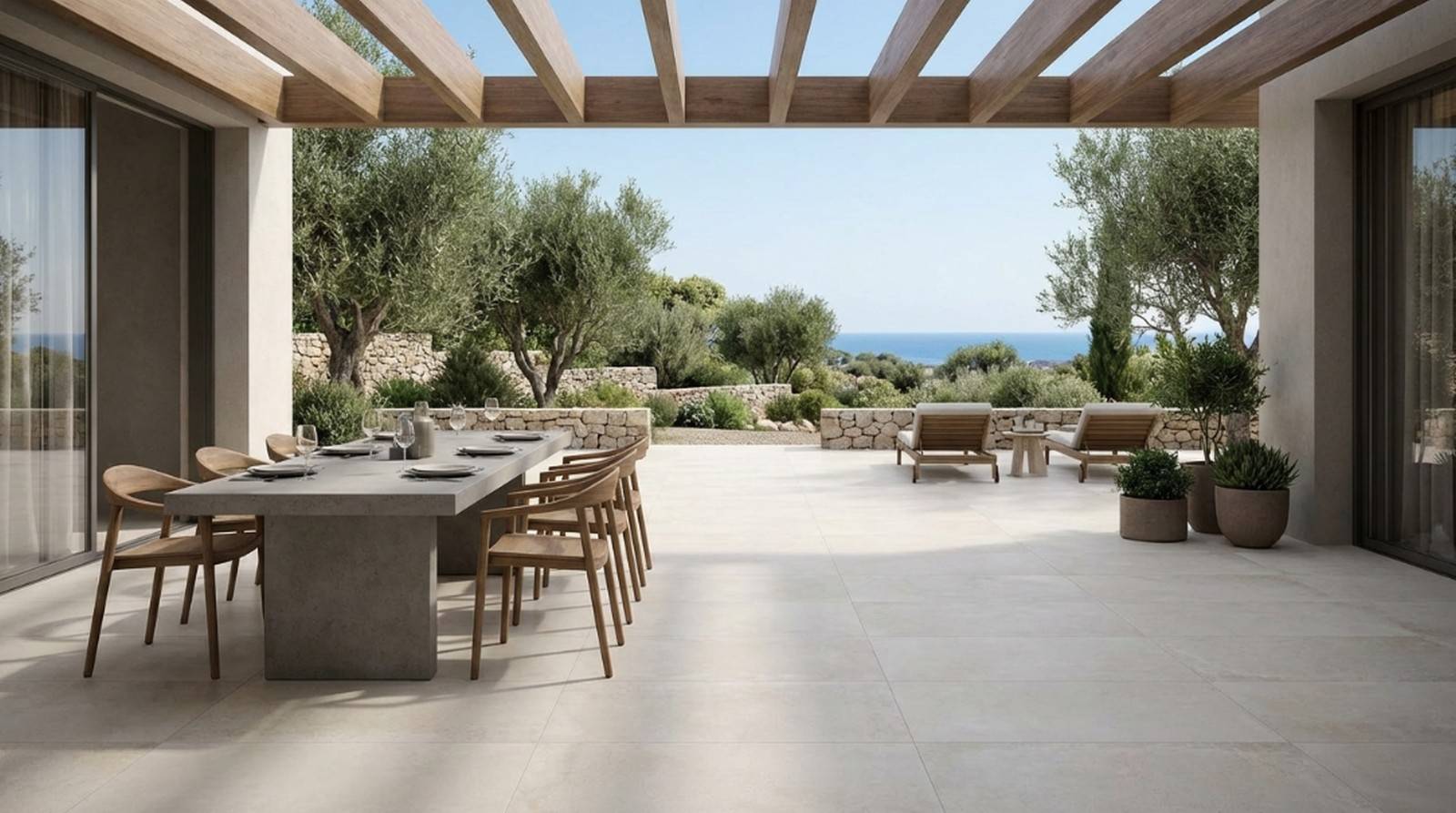 Terrasse design avec carrelage XXL 120×120 cm ANTIBES NAVARTI Ivory antidérapant
