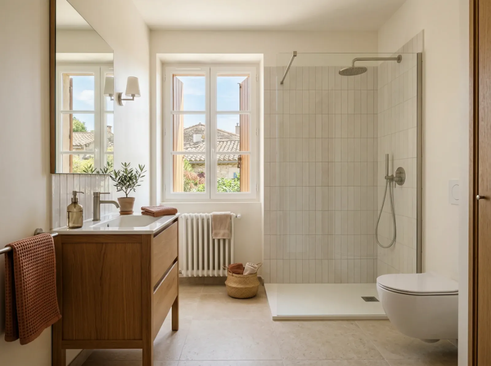 Salle de bain rénovée dans une maison du secteur d’Orange dans le Vaucluse, avec douche à l’italienne, faïence murale claire et sol en grès cérame