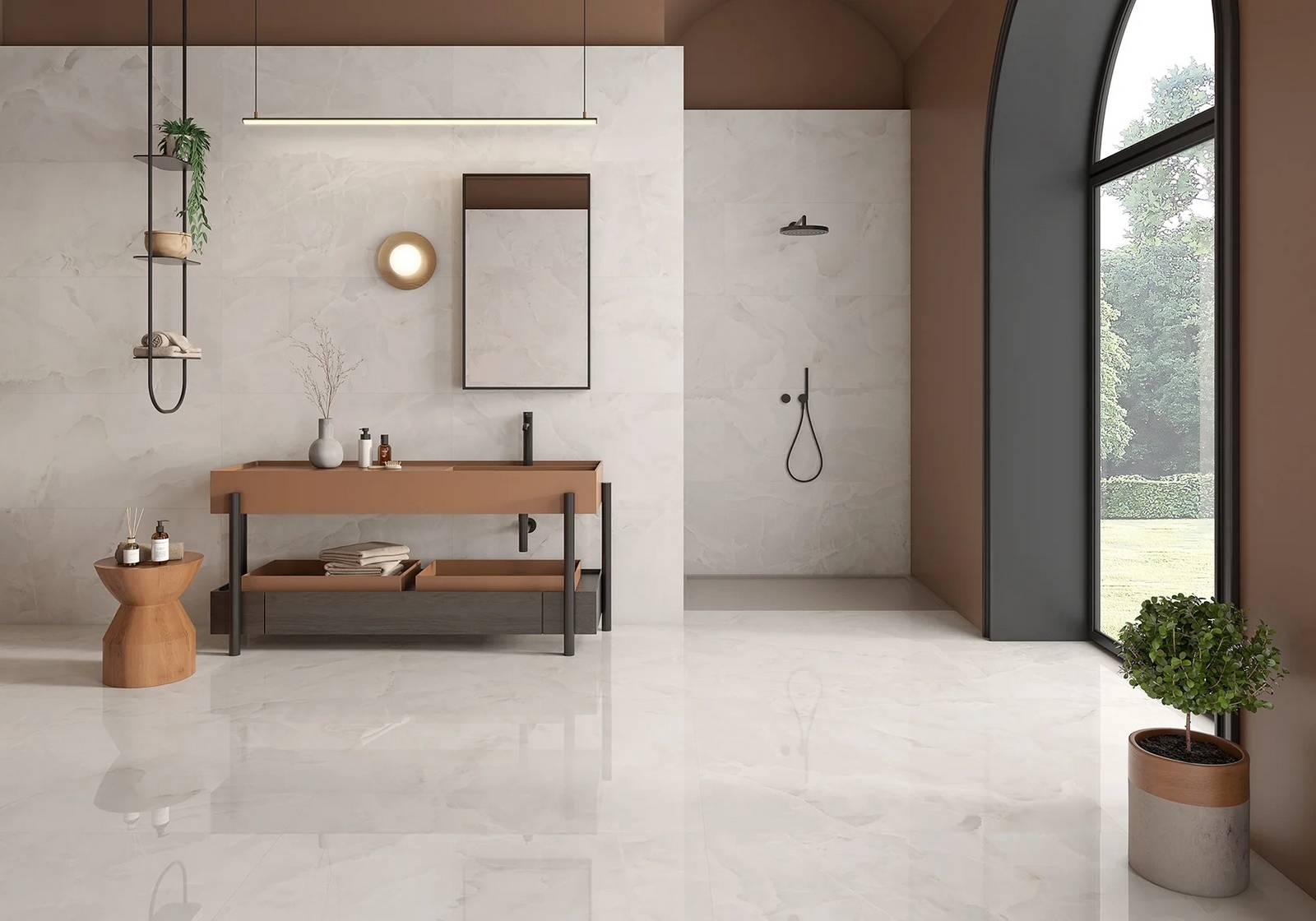 Salon moderne avec carrelage effet marbre GARNER NAVARTI White finition polie