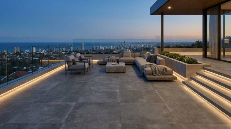 Continuité intérieur-extérieur carrelage ANTIBES NAVARTI Pearl 90×90 cm