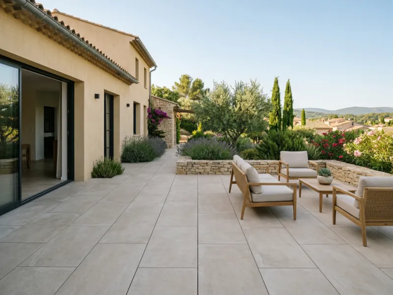  Terrasse de maison à Orange dans le Vaucluse avec carrelage grand format en grès cérame
