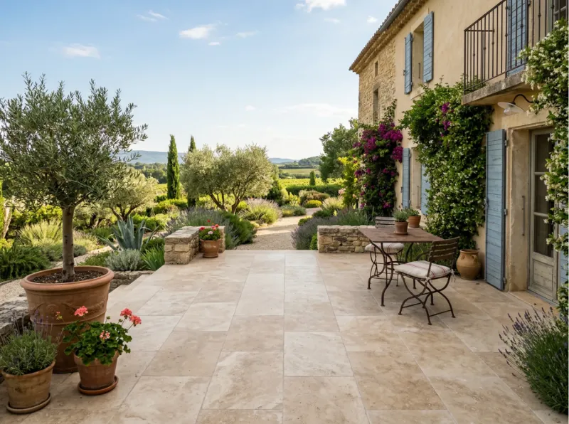 Terrasse en grès cérame grand format 60x120 cm, effet travertin sur Orange 84