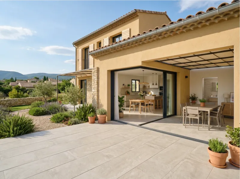 Maison neuve à Monteux dans le Vaucluse avec terrasse contemporaine en grès cérame, inspiration réaliste pour un projet de carrelage intérieur, salle de bain et extérieur dans le secteur de Monteux.