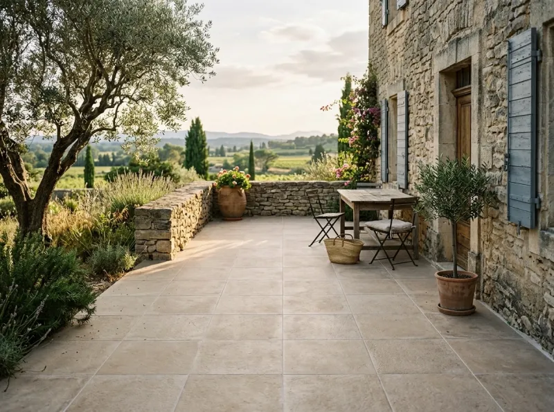 Terrasse en grès cérame effet béton sur une maison traditionnelle du secteur de Cavaillon, dans le Vaucluse