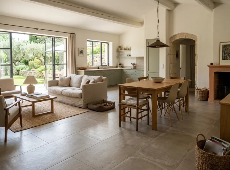 Intérieur maison rénovée Cavaillon Vaucluse - Carrelage grès cérame grand format 120x120 cm, tons minéraux neutres