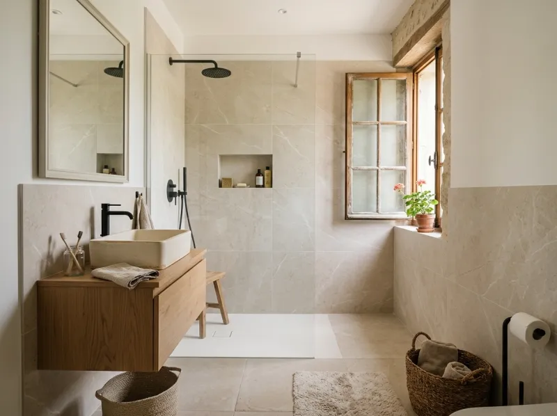 Salle de bain rénovée dans une habitation du secteur d’Avignon, avec douche à l’italienne, faïence murale claire et sol en grès cérame