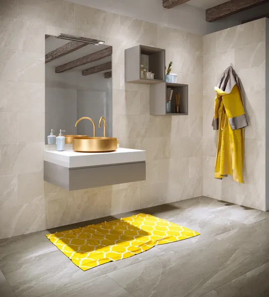Carrelage Pietra Ligure pour salle de bain contemporaine avec ambiance minérale douce.